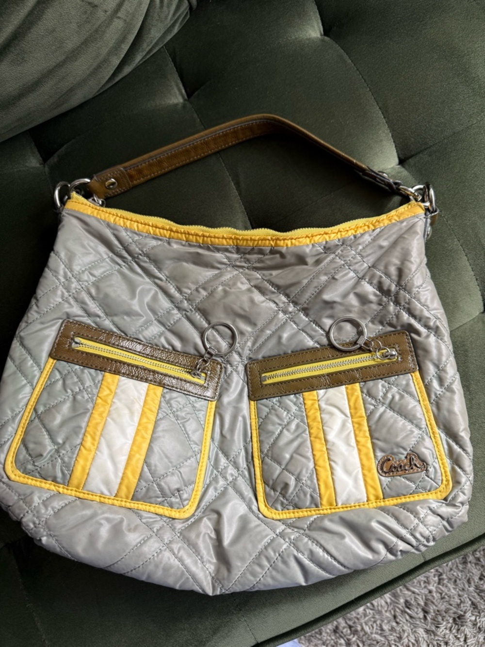 Coach Quilted Nylon Shoulder Bag in Silver and Yellow